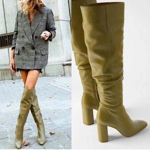 Zara 100% Leather Tall Shaft Heel Boots